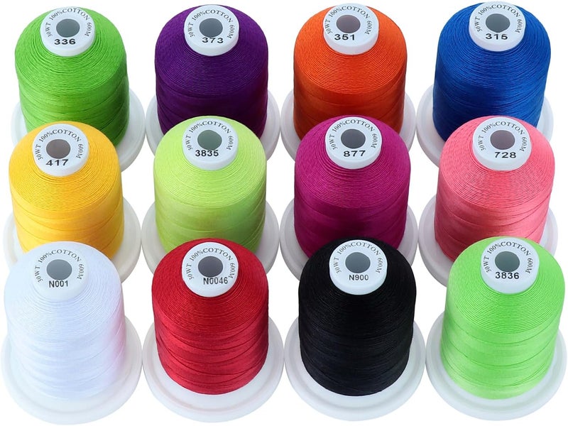 New brothread - 18 Options - Multi-Purpose 100% Mercerized Cotton Threads 50S/3 600M(660Y) Each Spool for Quilting, Serger, Sewing and Embroidery - 12 Bright Colors - Image 1